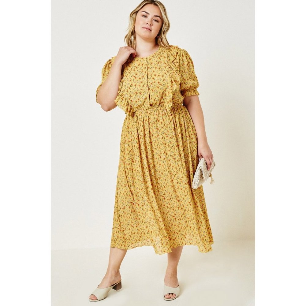 Hayden Plus Yellow Floral Pleated Button Down Puff Sleeves Midi Dress
